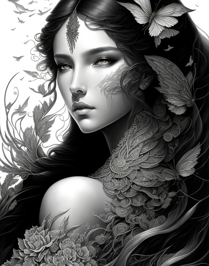 Monochrome illustration of woman with floral patterns and butterflies