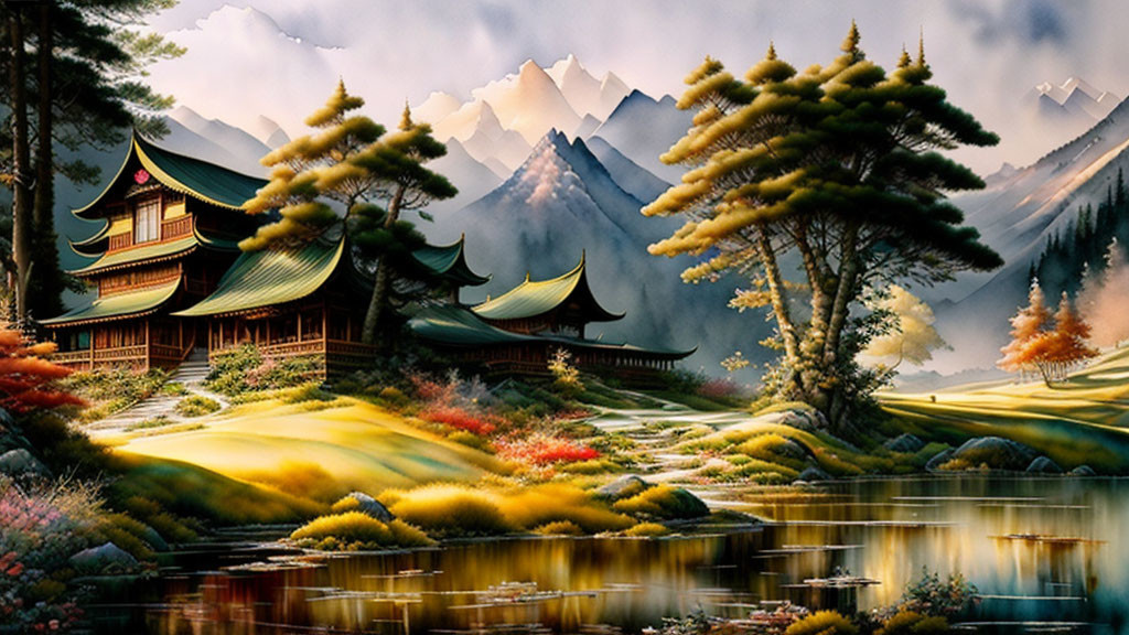 Tranquil Asian architecture surrounded by trees, mountains, and a serene lake