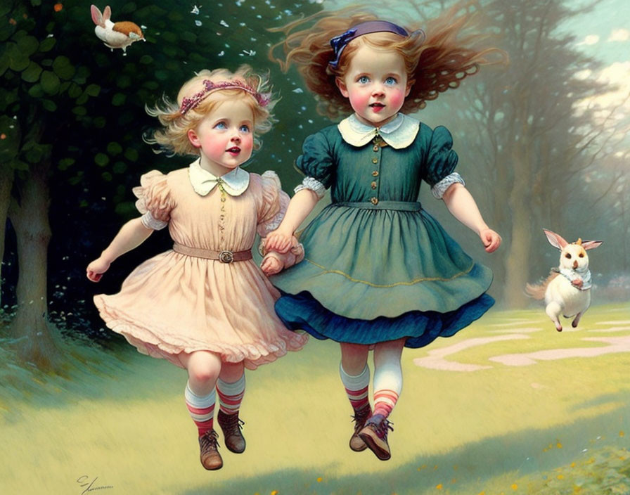 Vintage dresses: Two girls, rabbit, and dog in lush garden.