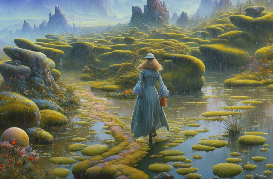 Person in Blue Dress Walking on Stepping Stones in Fantastical Landscape