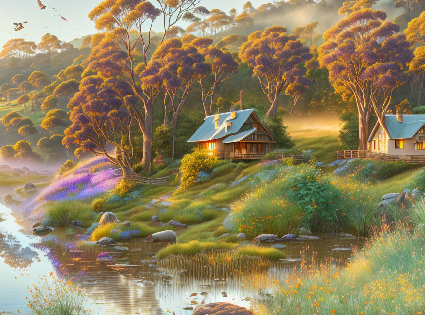 Riverside cottages in flower-filled landscape with misty forest backdrop