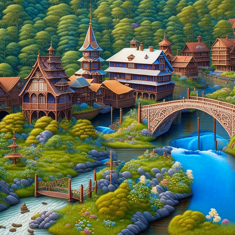 Fantastical landscape with ornate wooden houses, lush greenery, blue river