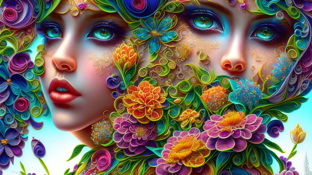 Colorful digital artwork: Woman's face with intricate floral patterns