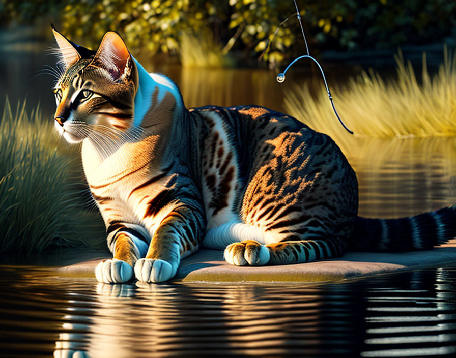 Striped Cat Fishing Beside Water in Warm Sunlight