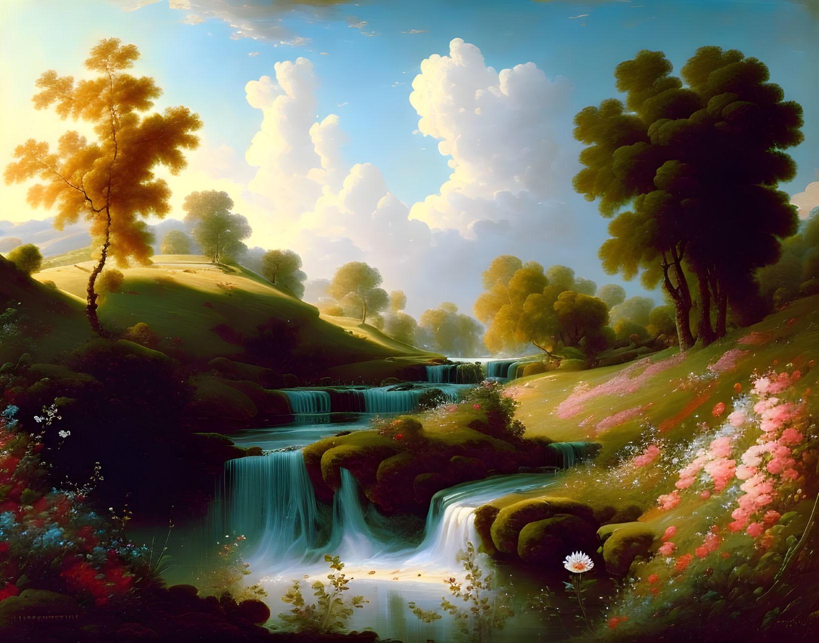 Tranquil landscape: green hills, waterfalls, flowers, blue sky