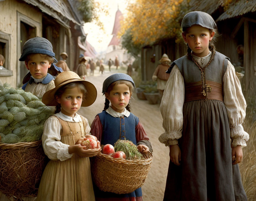 Four Children in Vintage Clothing with Baskets of Fruits and Vegetables in Rustic Market Village