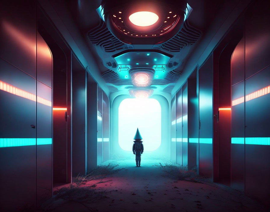 Person in Triangular Helmet Walking in Futuristic Corridor with Red and Blue Lighting