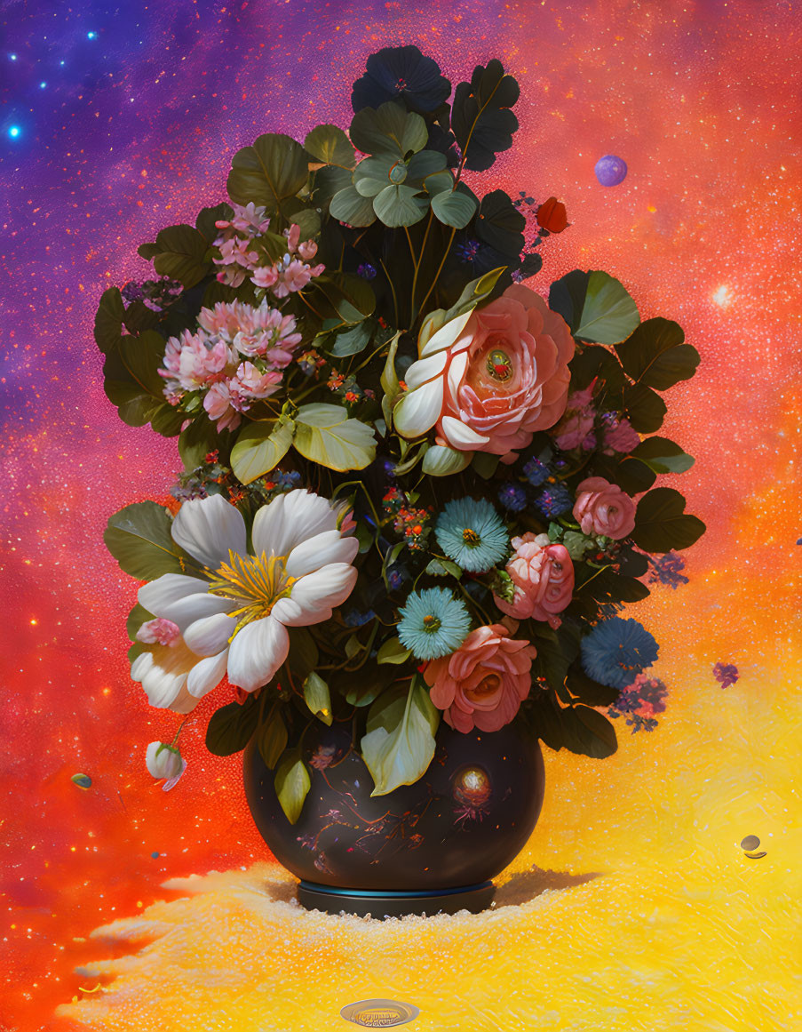 Colorful Mixed Flower Bouquet in Dark Vase on Cosmic Background