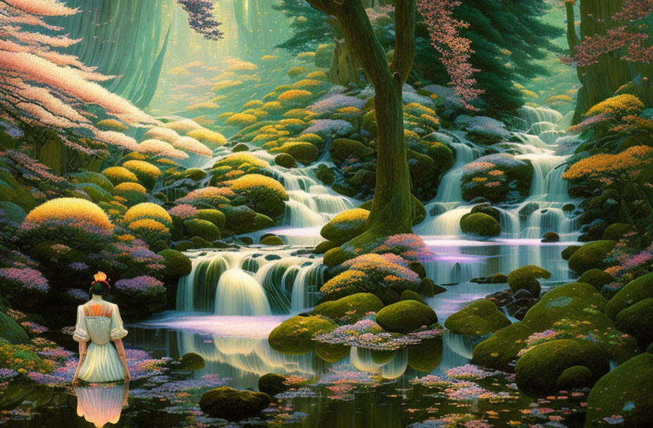 Tranquil forest scene with waterfalls, greenery, flowers, and person in traditional attire