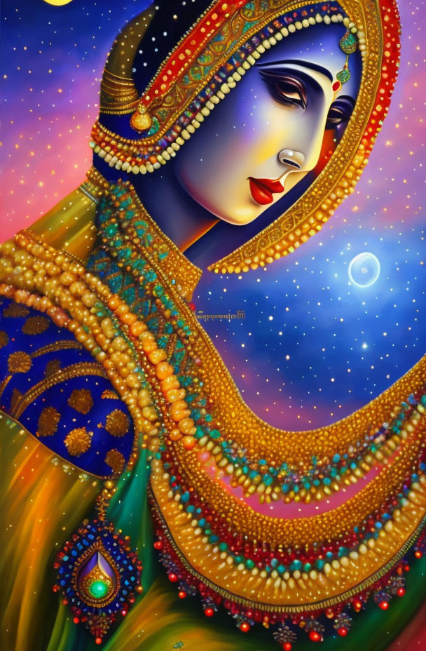 Colorful artwork of a woman in traditional attire under a cosmic sky