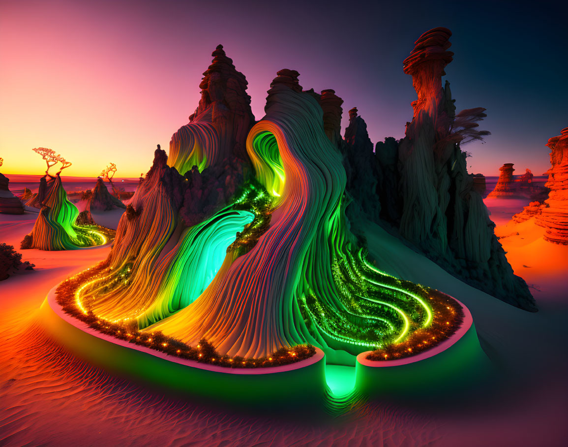 Luminous digital art: flowing landforms against colorful sky