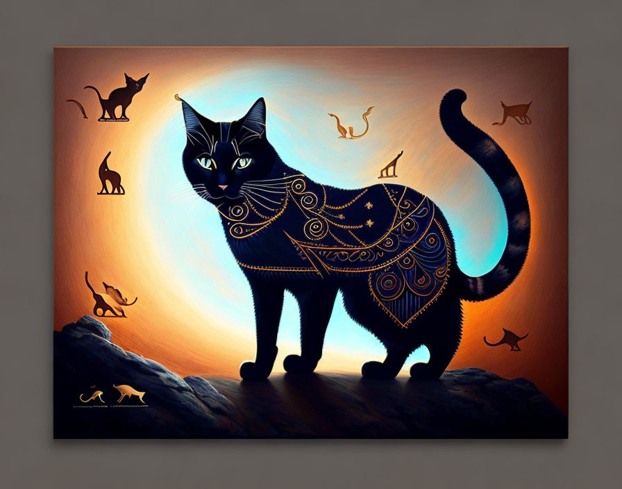 Black cat with gold and white patterns on orange background