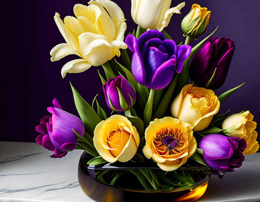 Colorful Tulip Bouquet in Black Bowl on Marble Surface