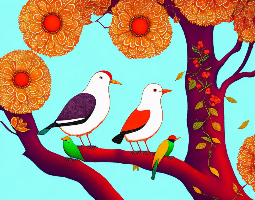 Vibrant illustration: stylized birds on red tree with orange flowers, teal backdrop