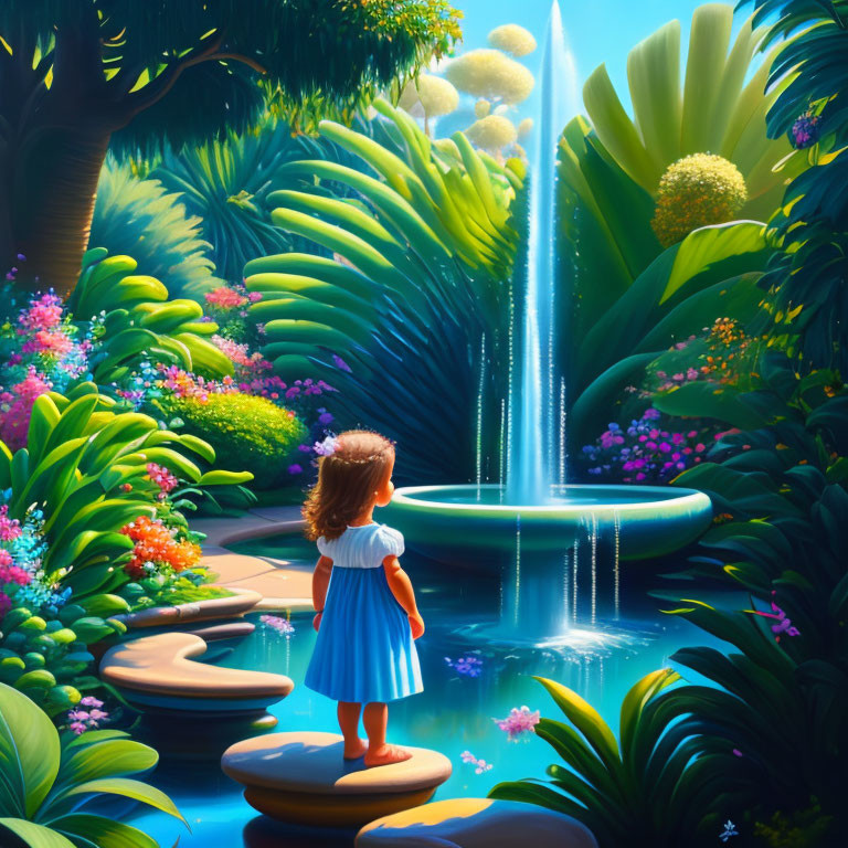 Young girl in blue dress by luminous fountain in vibrant garden