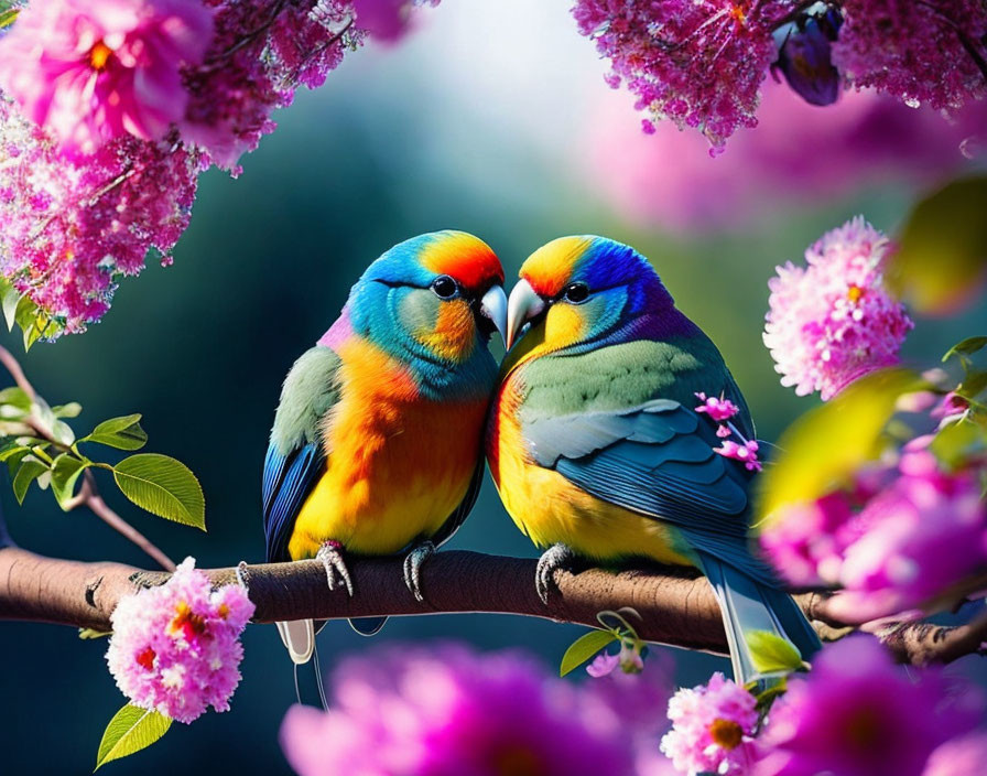 Colorful Parrots Touching Beaks on Branch with Pink Blossoms