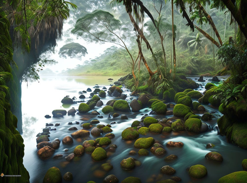 Tranquil river in misty tropical rainforest