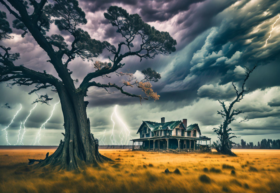 Desolate field with eerie abandoned house under stormy sky