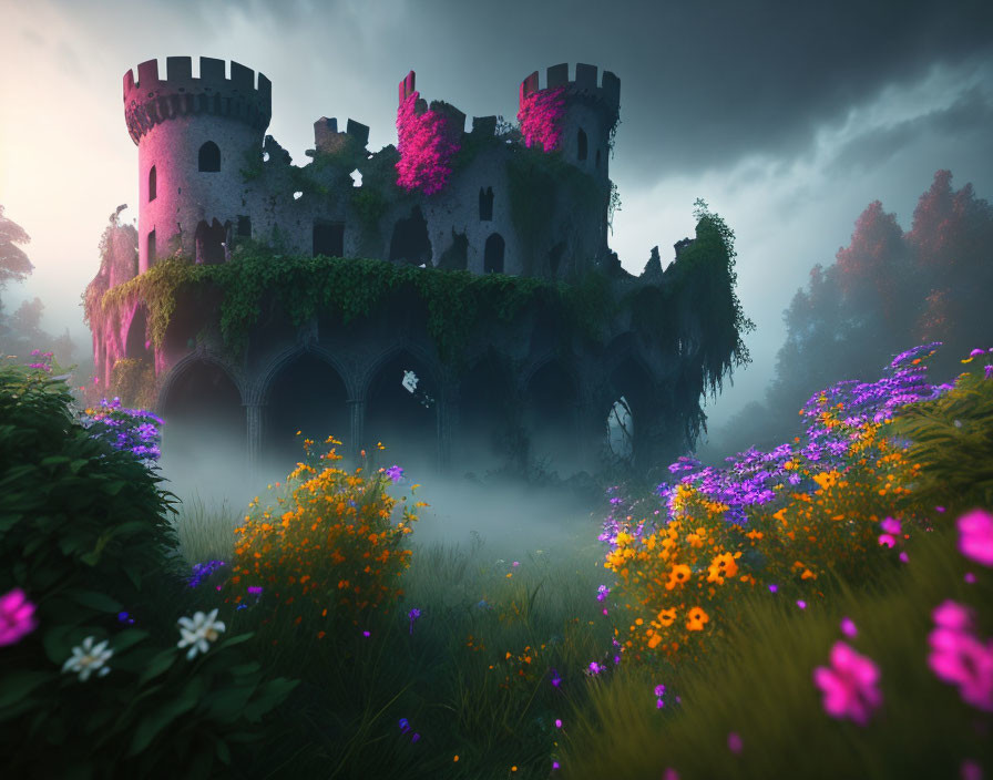 Overgrown ancient castle in lush meadow with wildflowers & fog