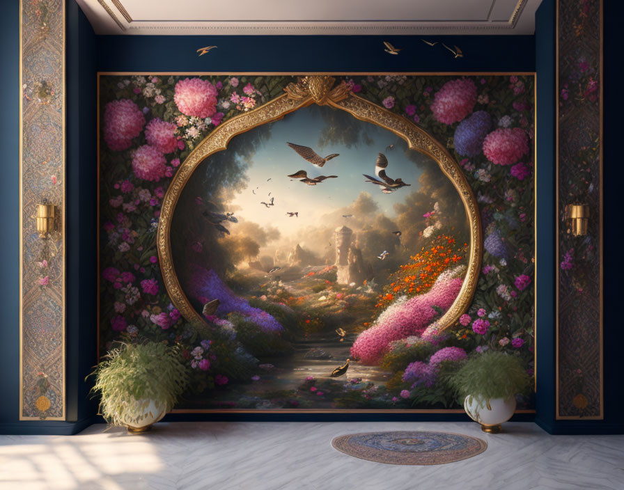 Luxurious Room with Large Golden-Framed Fantasy Garden Painting