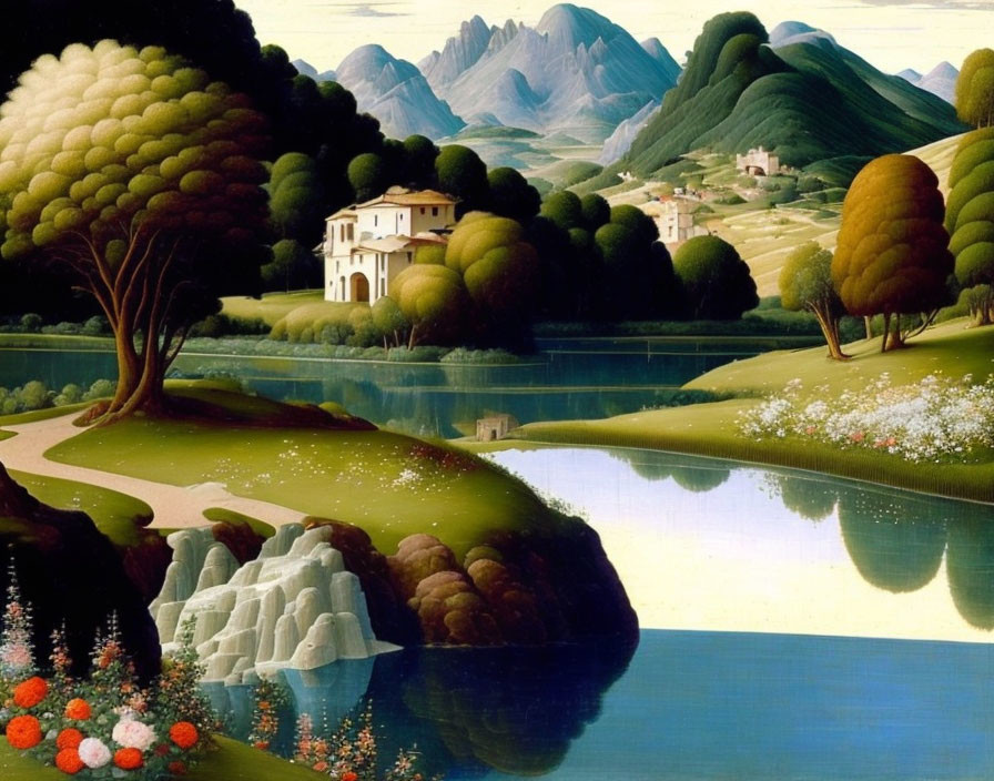 Tranquil landscape with lake, trees, villa, flowers, and mountains