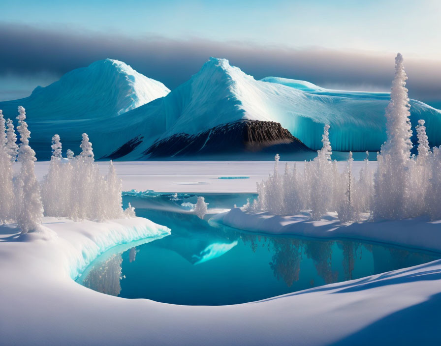 Snow-covered trees, blue lake, icy mountains: Serene winter landscape