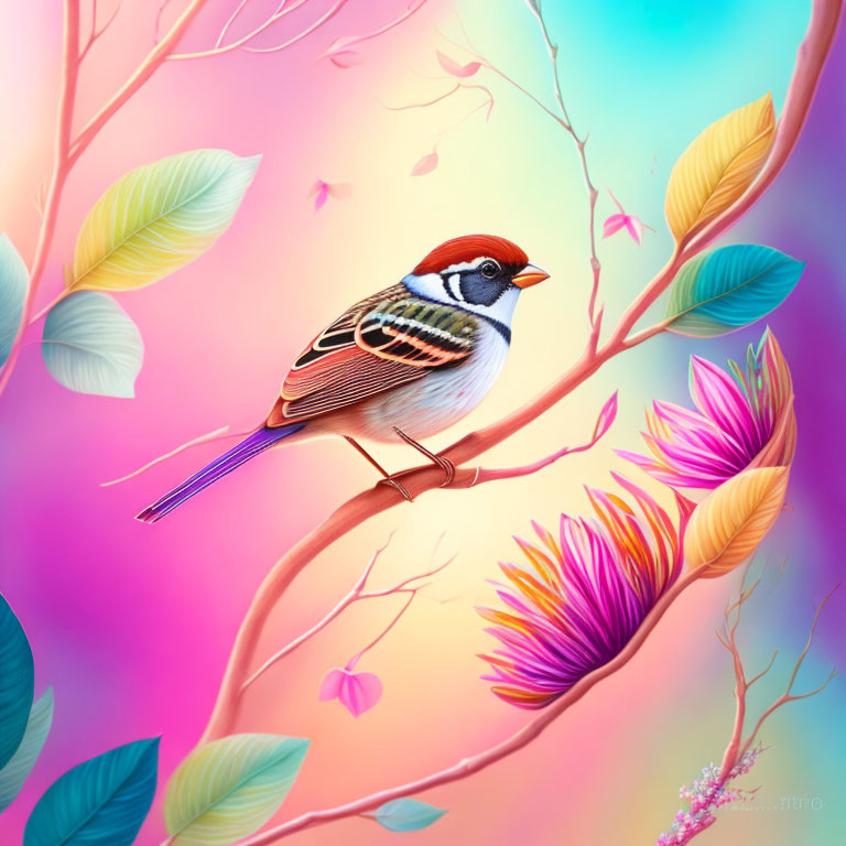 Colorful Bird Perched on Branch in Vibrant Flora Setting