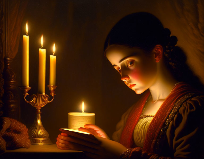 Historical young woman reading book by candlelight