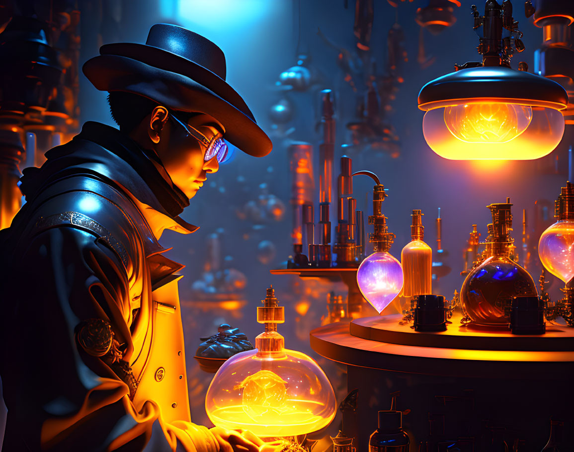 Futuristic lab scene with person in hat, glasses, trench coat, and glowing orange orbs