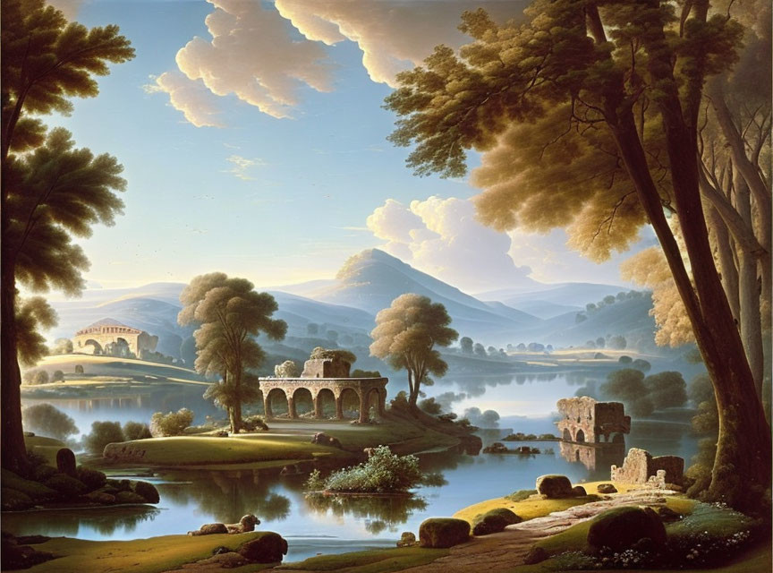 Classical landscape painting with ruins, lake, trees, hills, and vibrant sky