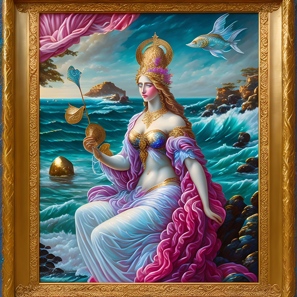 Vibrant painting of goddess figure with golden crown in seas