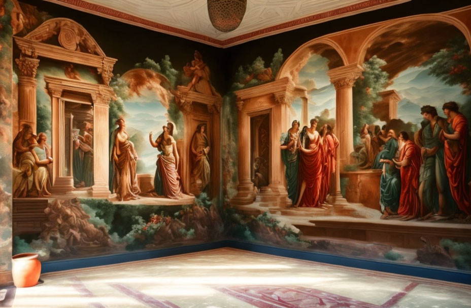 Classical mural paintings of figures in ancient attire conversing among architectural columns and lush landscapes.