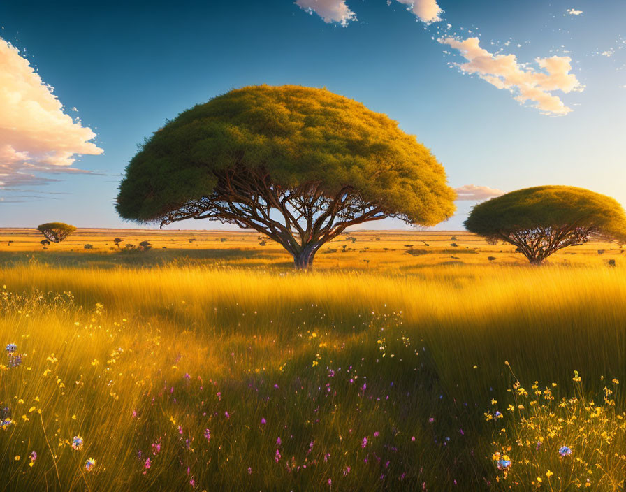 Savannah landscape with large tree at sunset