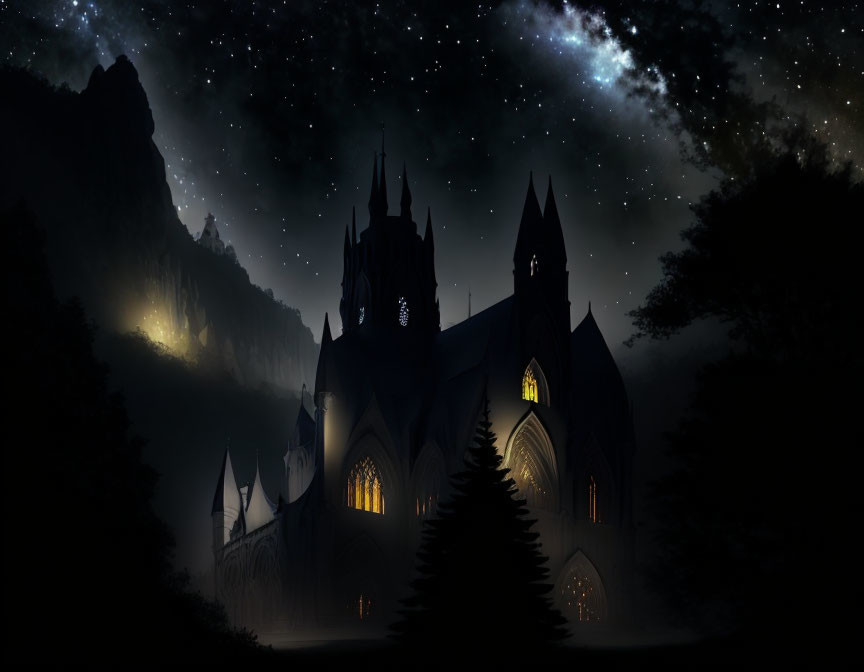 Gothic cathedral at night with starry sky and misty mountains