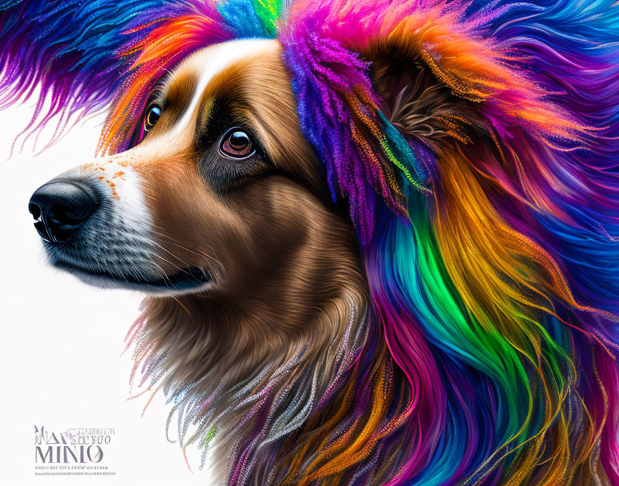 Colorful Dog Illustration with Rainbow Fur and Expressive Eyes