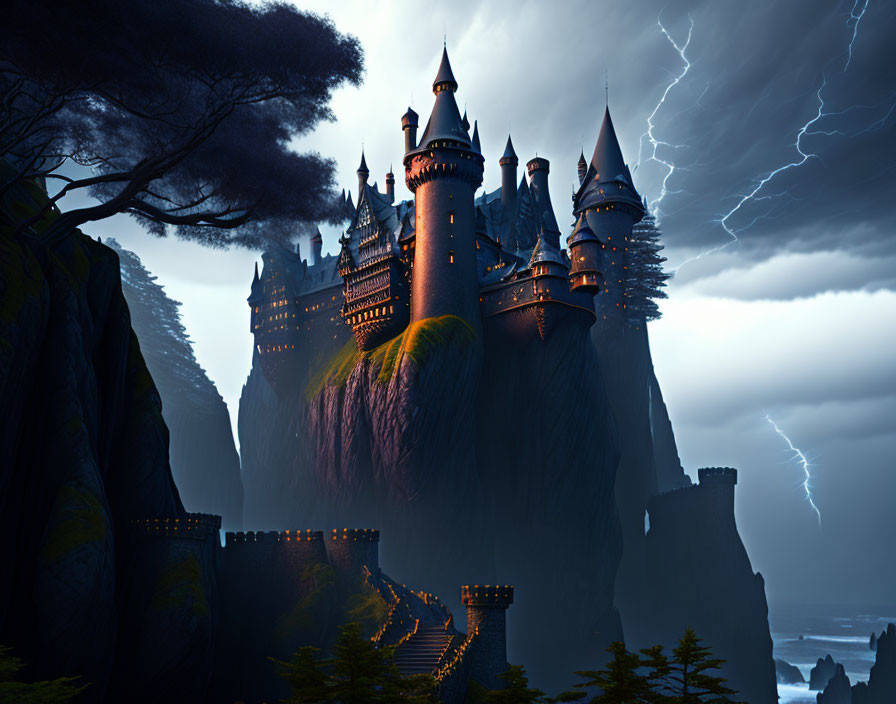 Majestic castle on steep hill in stormy sky with lightning, cliffs, and lone tree