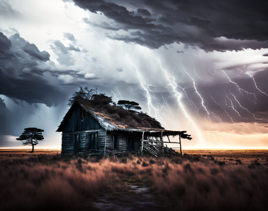 Rustic wooden cabin on prairie during thunderstorm