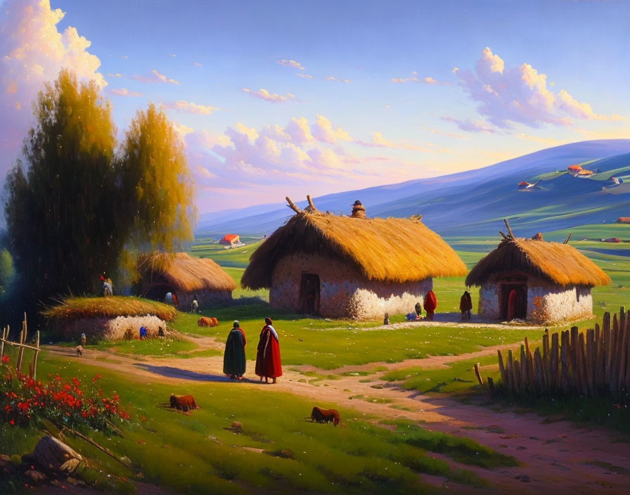 Traditional rural scene with thatched cottages, period clothing, grazing animals, green fields, fluffy clouds