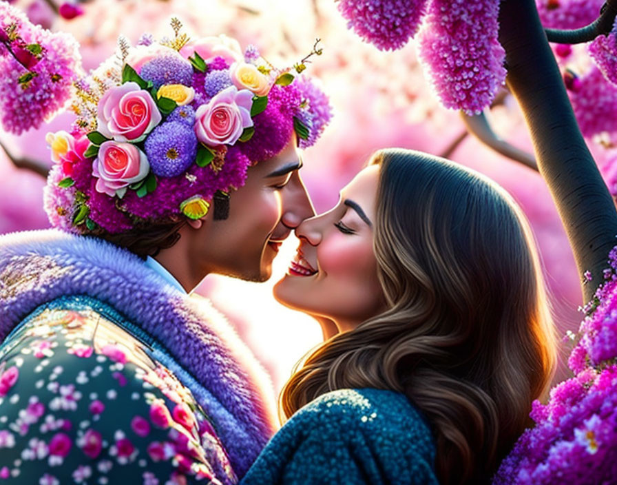 Couple embracing in pink blossoms with floral crowns kissing