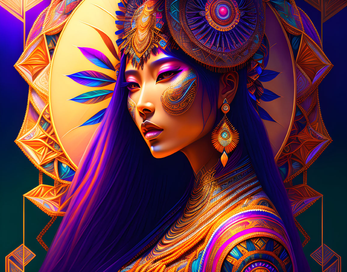 Colorful digital portrait of a woman with golden headdress and makeup on dark geometric background