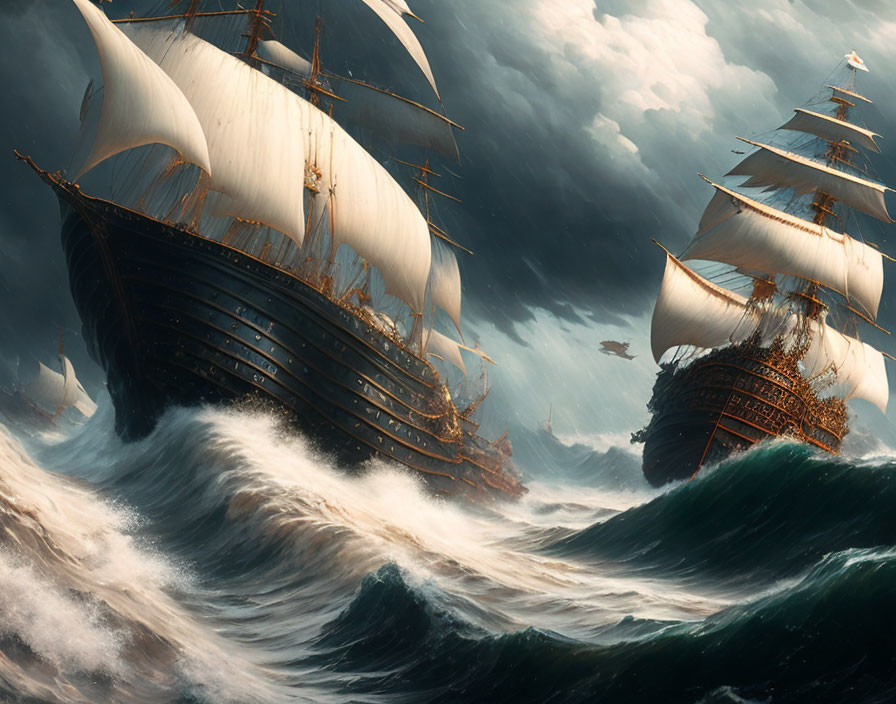 Old sailing ships with white sails in stormy seas under dramatic sky