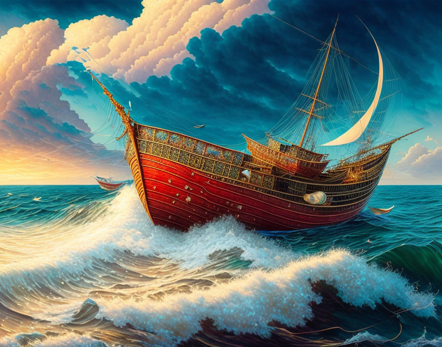 Detailed sailboat artwork under crescent moon on foamy waves