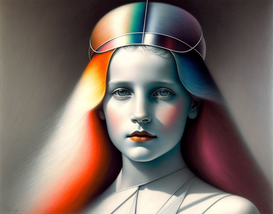 Serene girl portrait with spectrum-colored light band