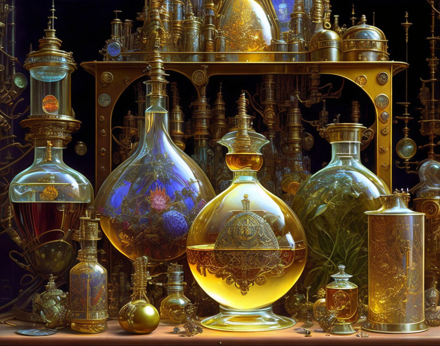 Golden steampunk potion bottles and flasks with intricate metallic details.