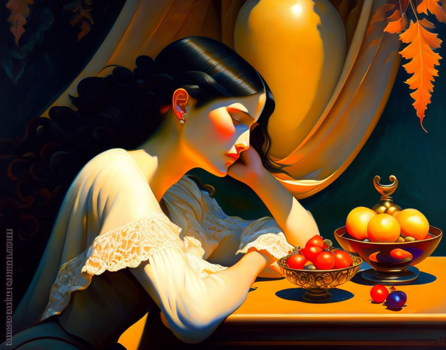 Pensive woman with dark hair and ripe fruit in warm light