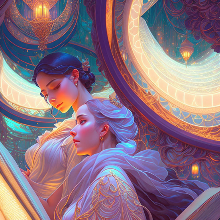 Stylized women in ornate, luminescent setting with intricate patterns