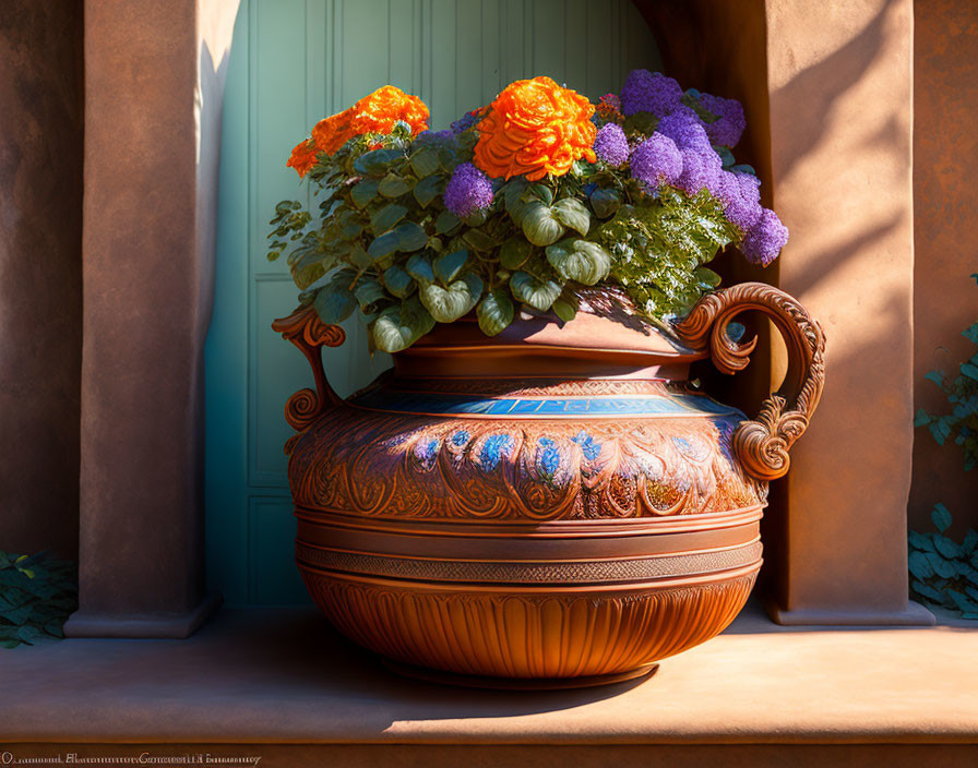 Ornate terracotta pot with orange and purple flowers by teal door