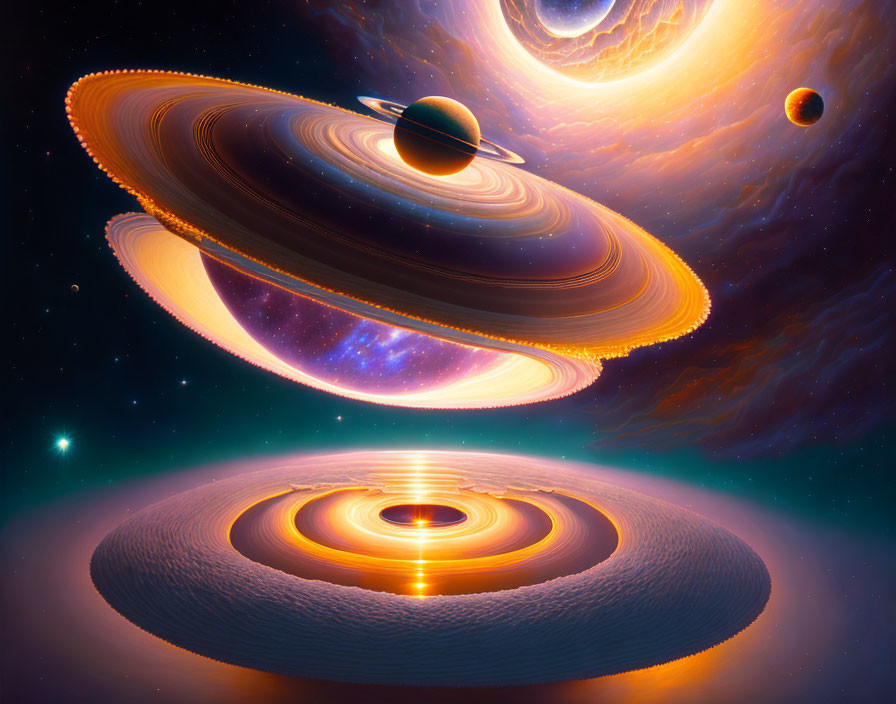 Cosmic Scene with Layered Rings, Planets, and Glowing Celestial Body