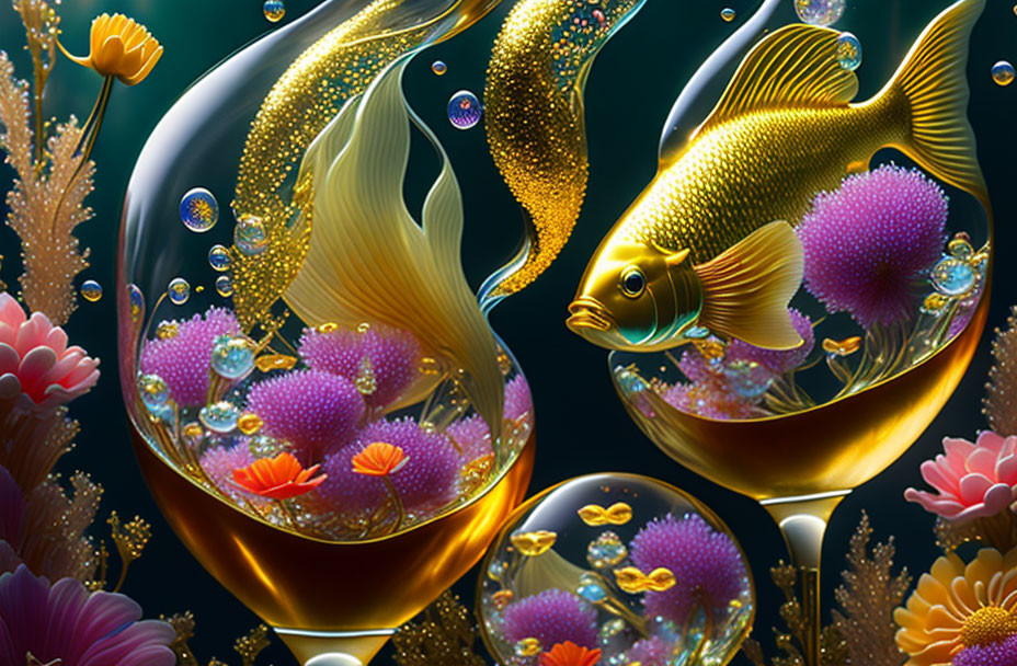 Colorful digital artwork: Goldfish, bubbles, flowers, and coral on dark backdrop