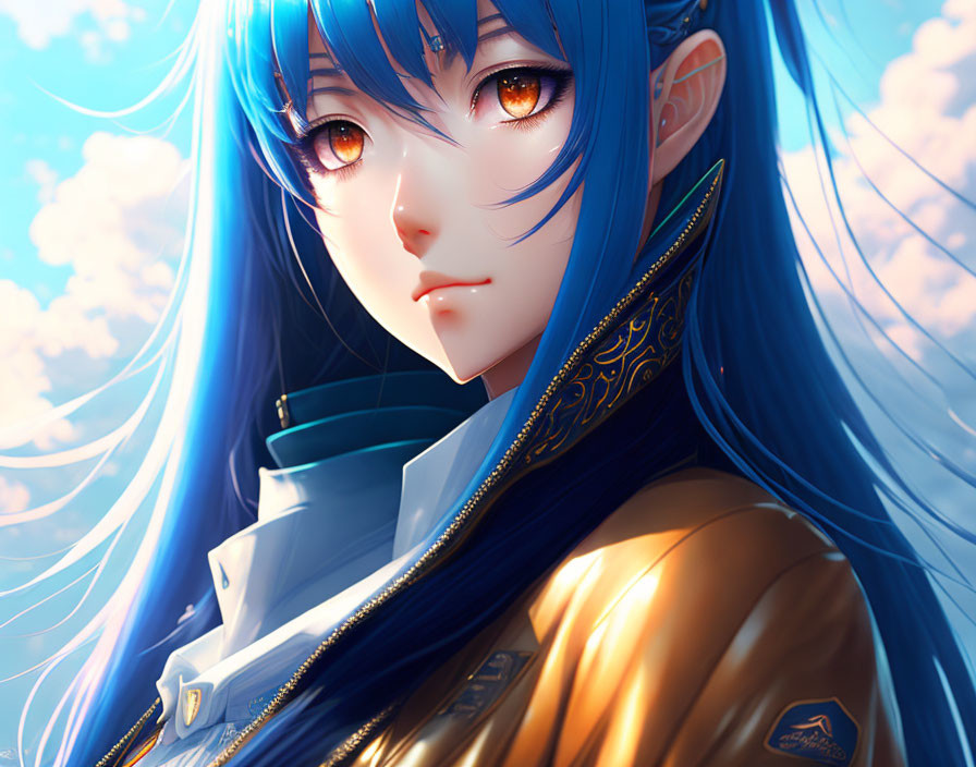 Character with blue hair and golden eyes in brown jacket against sky.